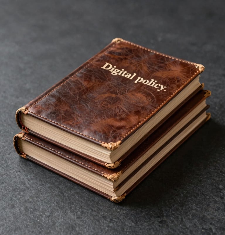 A stack of vintage academic journals bound in espresso leather, sitting on a charcoal tabletop. The scene is quiet and still, emphasizing a lifetime of research and dedication to digital policy.