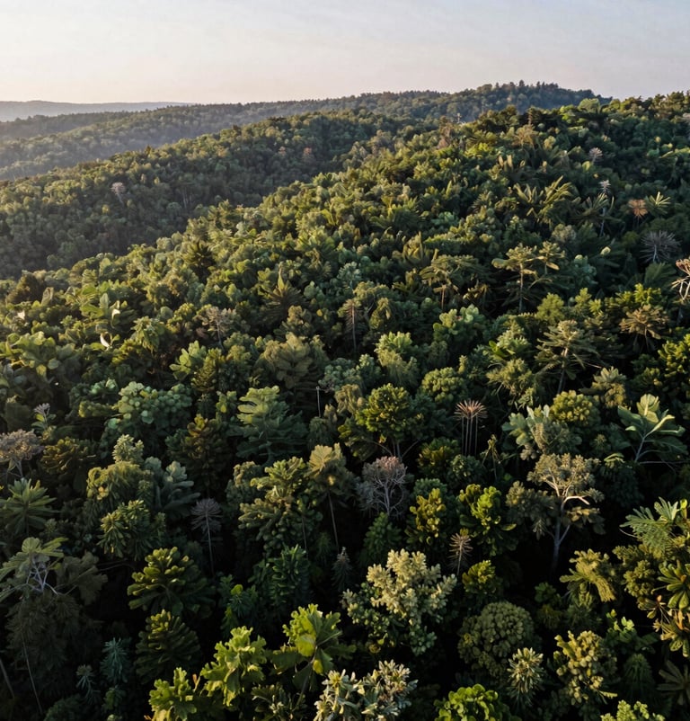 Aerial photography of a dense, rolling forest in North America during early morning. Muted sage and medium forest green hues. High-quality multimedia style, serene and expansive.