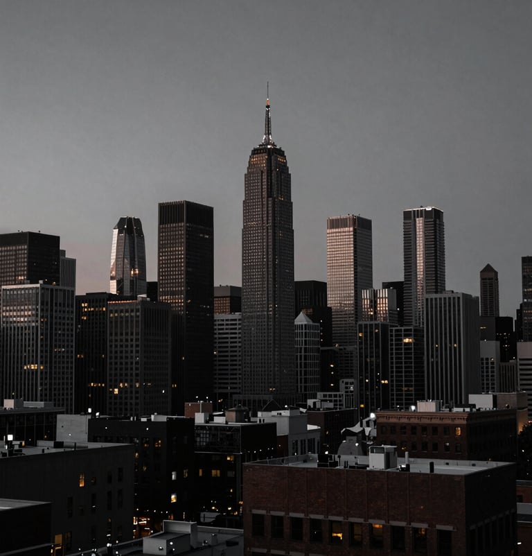 A wide, dramatic shot of a North American / US urban skyline at dusk, captured in slate gray and rich black tones, cinematic and mysterious.