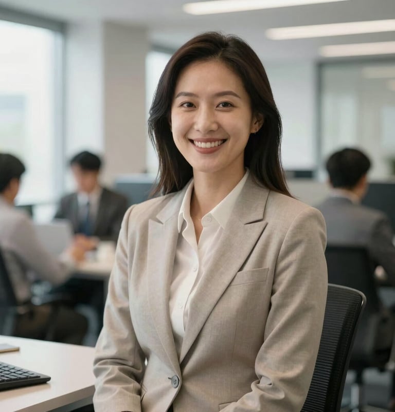 A friendly, smiling business professional in a light-filled North American / US office space, looking directly at the camera to portray trust and collaboration.