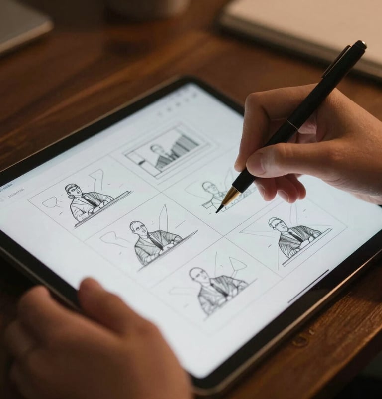 A close-up shot of hands using a professional tablet to sketch a storyboard, with sketches showing a sequence for a corporate presentation, lit with warm studio lighting.