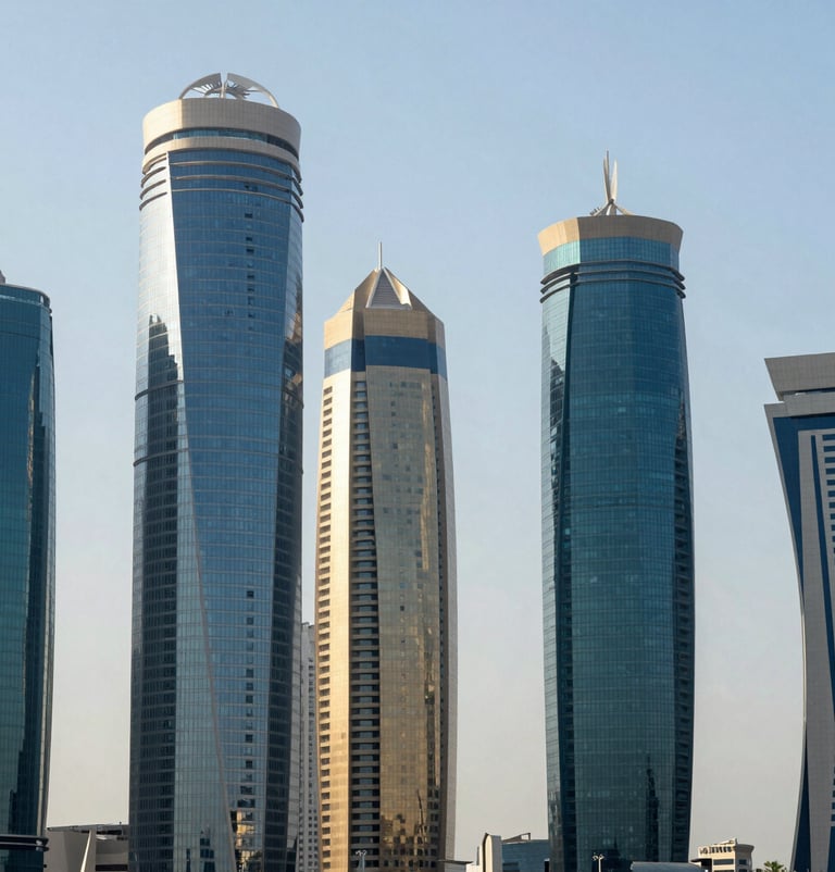 A sharp, high-contrast architectural crop of West Bay Doha skyscrapers in bright cool daylight, clean glass facades reflecting a pale blue sky, structured composition with generous negative space.