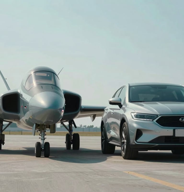 A low-angle shot of the aircraft and automobile side-by-side. Metallic surfaces reflecting #B2BEB5 light. Symmetrical and bold composition.