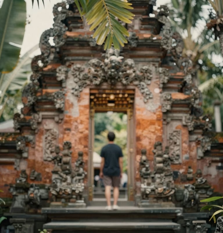 A dreamy, emotive photo of a Balinese temple gateway framed by tropical leaves. The shot is intimate and captures the feeling of a personal discovery, with soft light and warm, nostalgic coloring using the #8F6E5F palette.