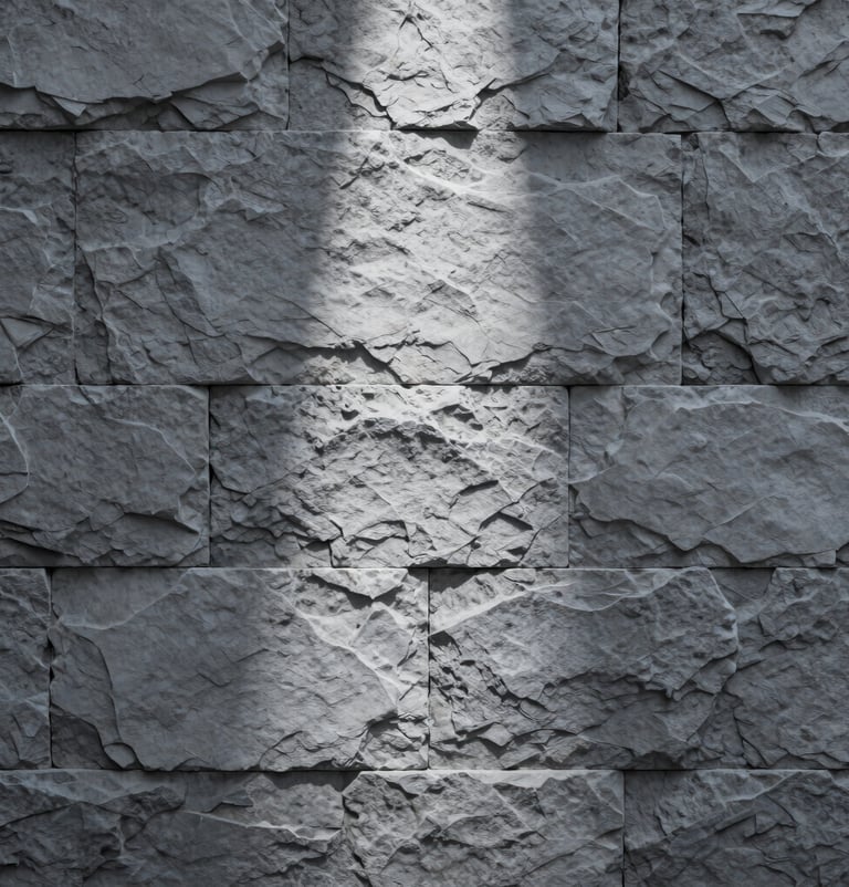 Texture study of a weathered grey stone wall with a single direct beam of light hitting the center, elegant, quiet, using #D0D5DB and #2F363F.