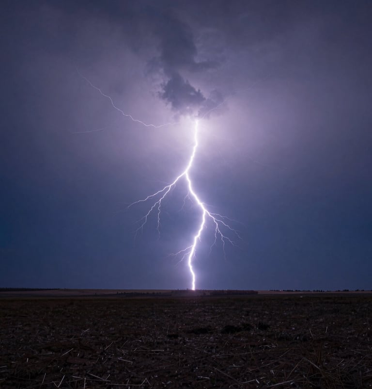 A breathtaking photography shot of a single bolt of lightning striking a distant horizon over a flat plain. The sky is a gradient of dark blue and deep slate. Clean, sharp focus on the electrical arc. International / Western scenery.