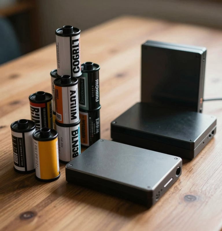 A stack of vintage film canisters and modern external hard drives on a wooden table, representing the blend of traditional storytelling and modern media. Soft, warm side-lighting.