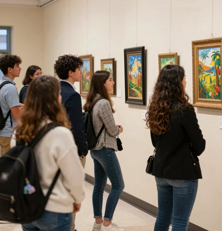 A joyful scene at a student art gallery opening in a North American / US school. Guests are admiring framed paintings on a soft cream wall. The atmosphere is warm and educational, with people dressed in professional yet creative attire. Captured in a candid, documentary photography style.