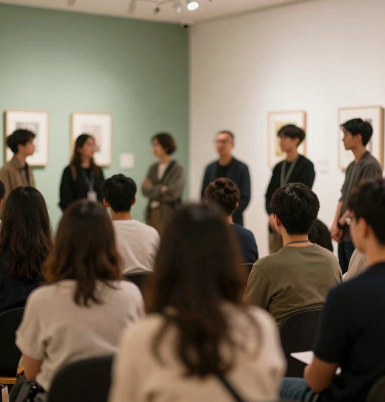 Candid shot of people in an intellectual setting, perhaps a book launch or exhibition, in a refined gallery with green and off-white accents. Soft, warm lighting, sophisticated mood.