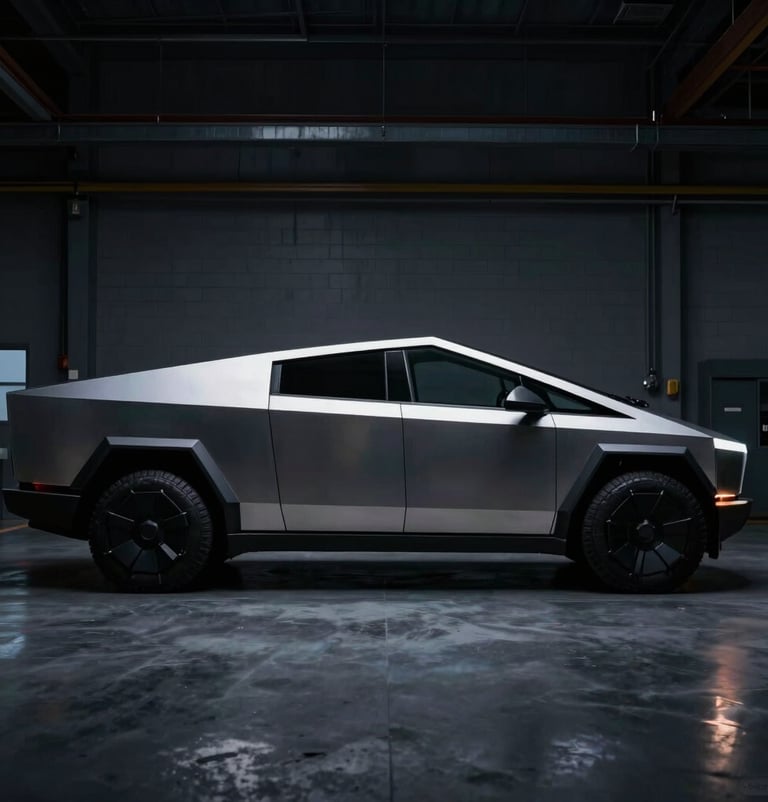 A minimalist composition of a sleek futuristic vehicle silhouette parked in a North American / US industrial workshop. The lighting is moody, using deep midnight shadows and silver grey metallic highlights.