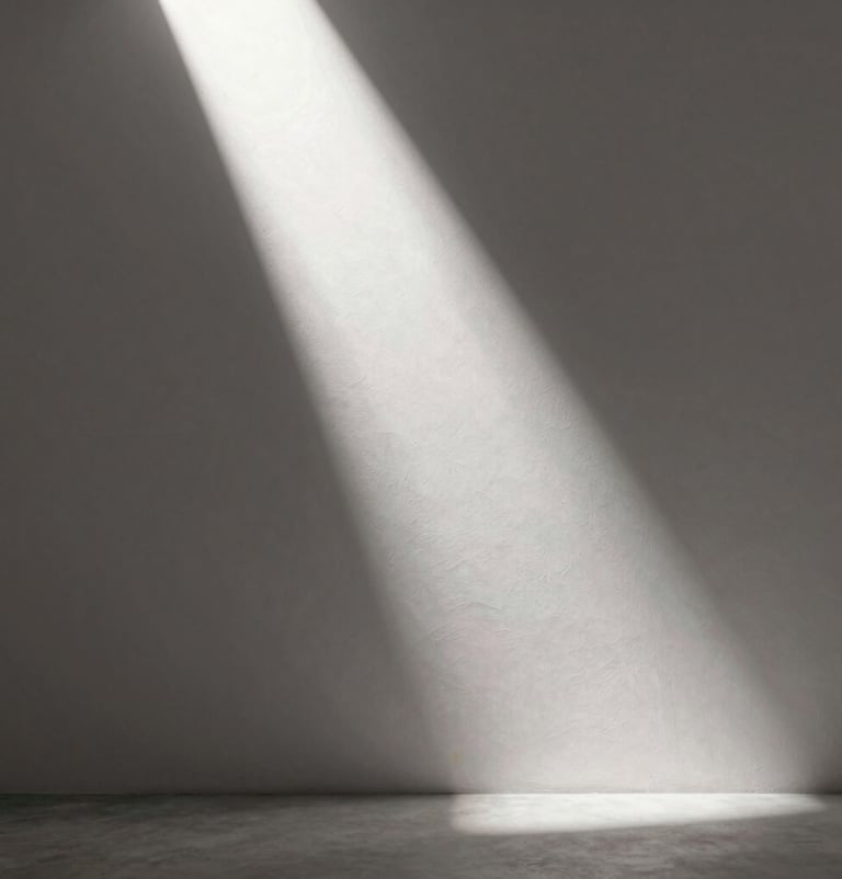 A minimalist studio scene with a single shaft of light hitting a textured wall, evoking the mood of upcoming artistic projects, palette of #1F1E1C, #4C4A48 and #F5F2EF.