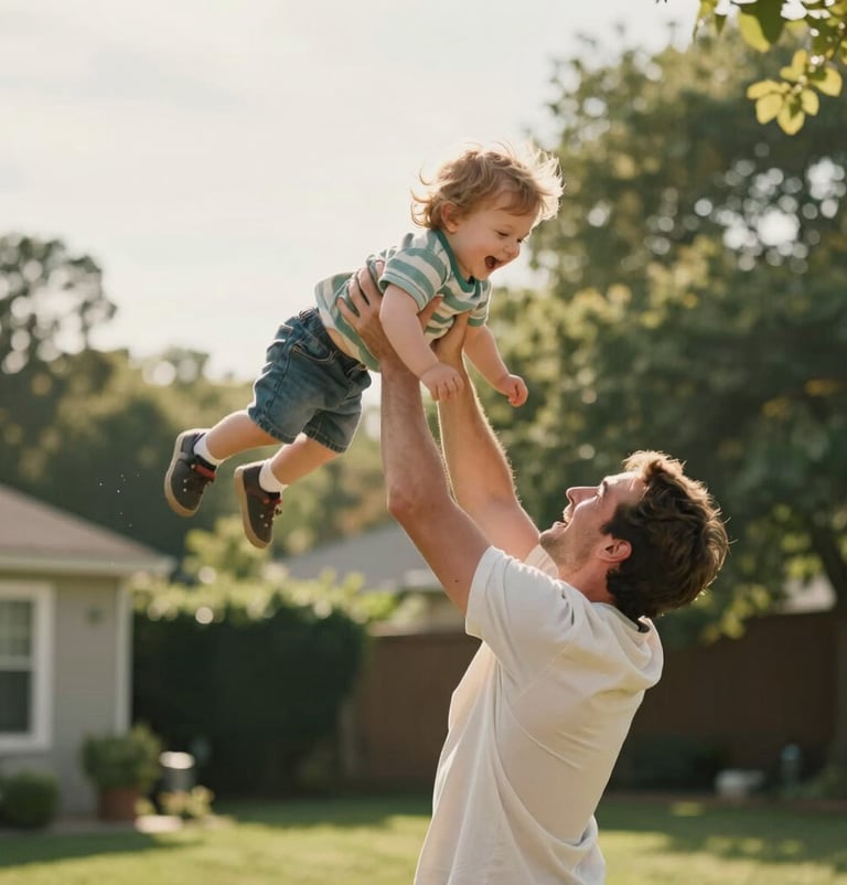 A cinematic candid moment of a father tossing his laughing toddler in the air in a lush North American / US backyard. Bright, warm sun lighting and soft off-white highlights.