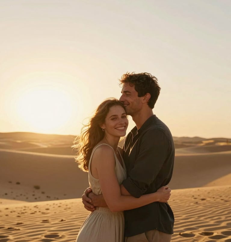 A beautiful cinematic portrait of a happy couple embracing under a warm golden sun. Natural poses, sand dunes in the background, warm sunset glow, Spain / Southern Europe.