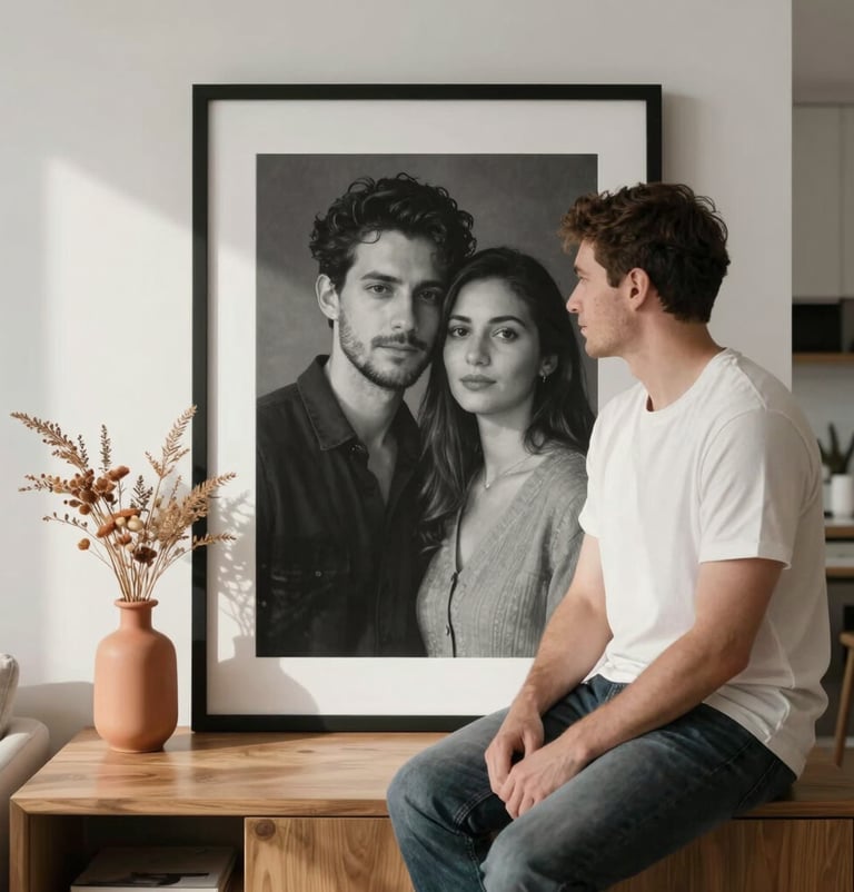 A lifestyle photograph of a framed black and white portrait of a couple, sitting on a wooden side table in a bright, modern North American apartment. A small vase with terracotta-colored dried flowers sits next to it, bathed in soft afternoon light.