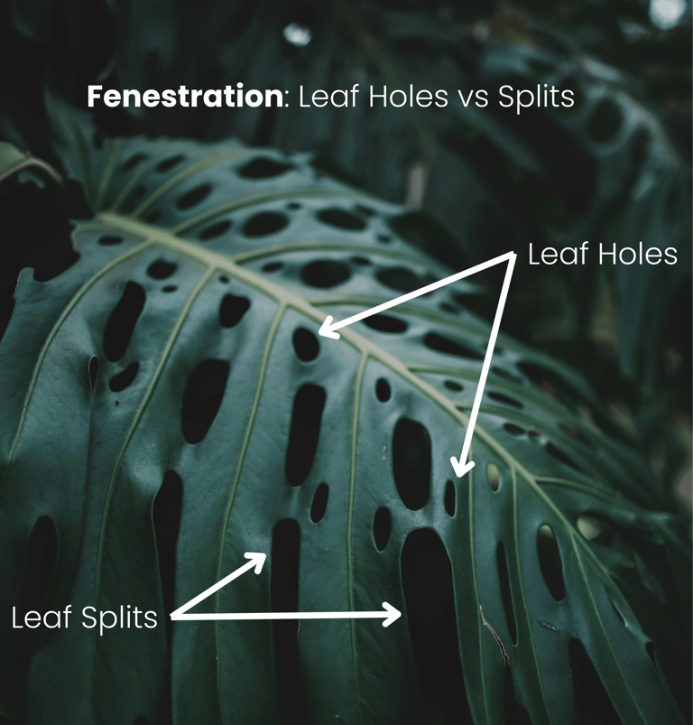 Diagram of the difference between leaf splits and holes on a fully fenestrated leaf from Monstera