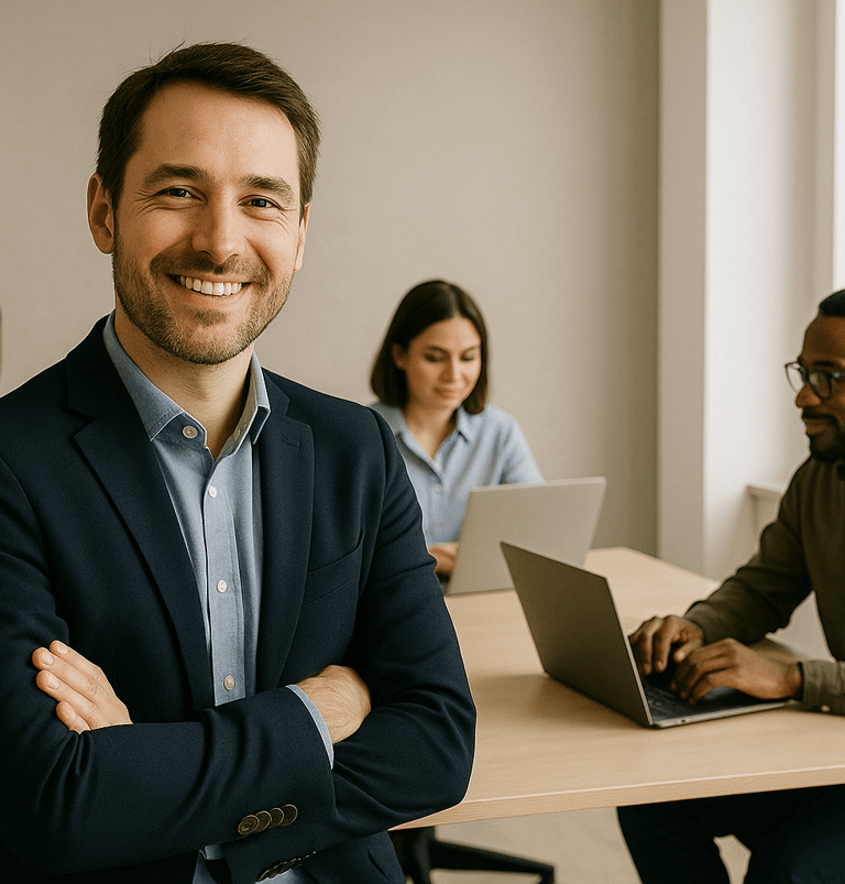two men shaking hands with a computer screen in the background