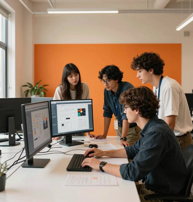 A bright photography shot of young agency creatives collaborating at a minimalist desk inside a North American / US loft office. They are reviewing creative project layouts on screens, surrounded by vibrant orange decor and warm cream architectural details under warm natural lighting.