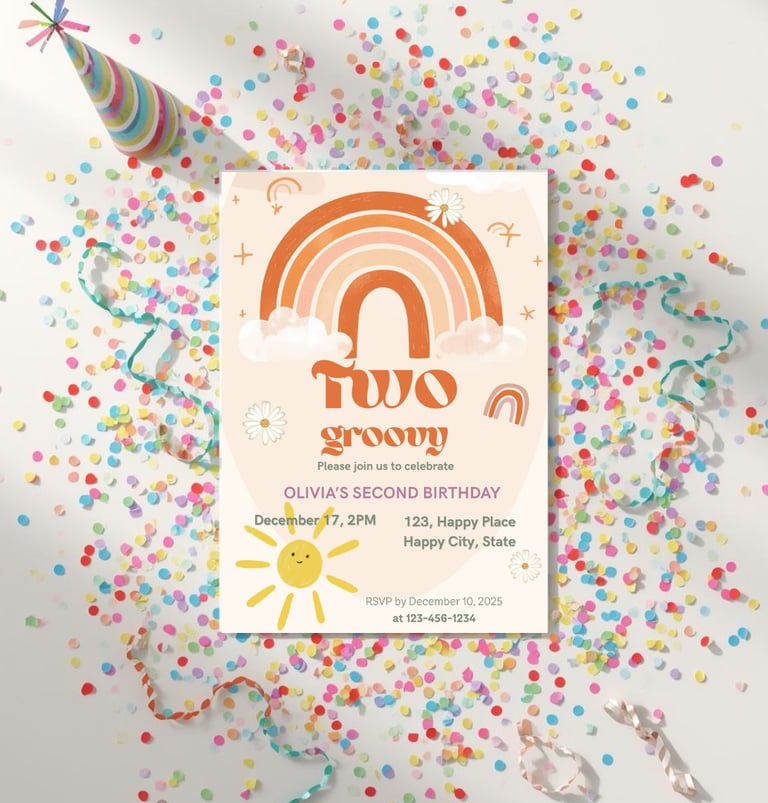 A playfulk children's party invitation with background confetti