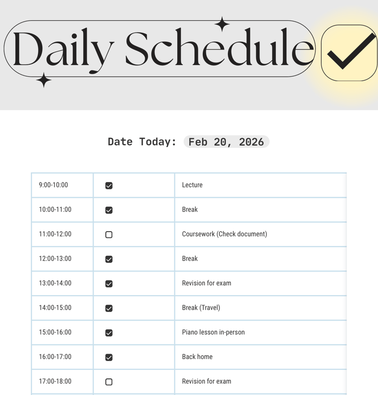 Daily schedule planner for February 20, 2026, showing a checklist of hourly tasks from lecture to piano lessons.