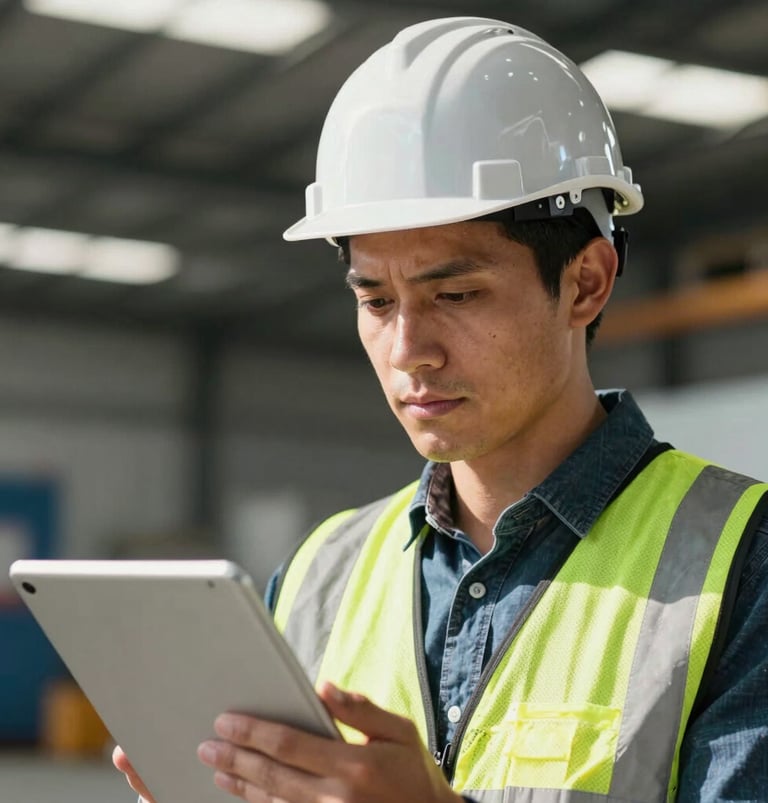 A close-up shot of a Colombian industrial engineer in a hard hat looking thoughtfully at a tablet, natural sunlight, high contrast, background of a modern logistics hub.