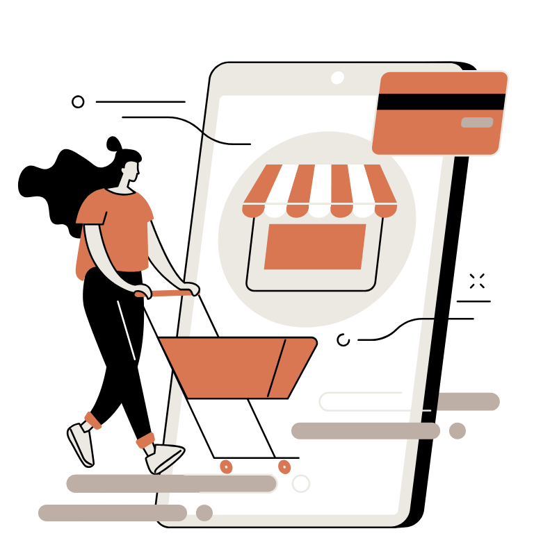 a woman walking down a street with a shopping carton