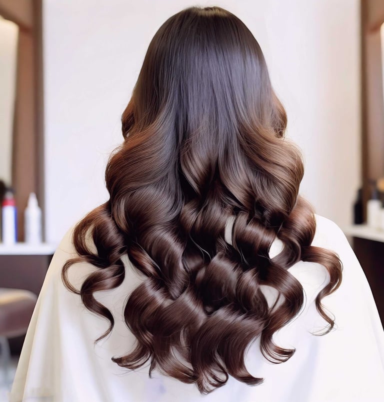 a woman received a fresh creative haircut in a white shirt