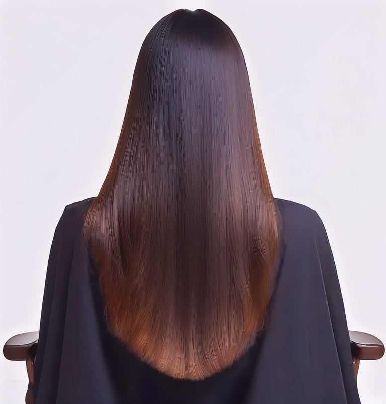 a woman received a fresh U haircut in a black dress