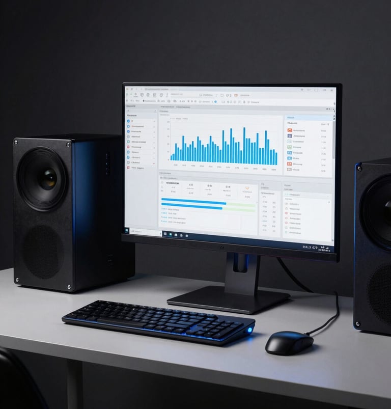 A clean, high-end professional workspace featuring a minimalist desk with a large computer monitor displaying data analytics. The lighting is low and cinematic, with soft royal blue glows hitting the edges of the tech equipment. The background is a dark, sophisticated studio environment, strictly no people.