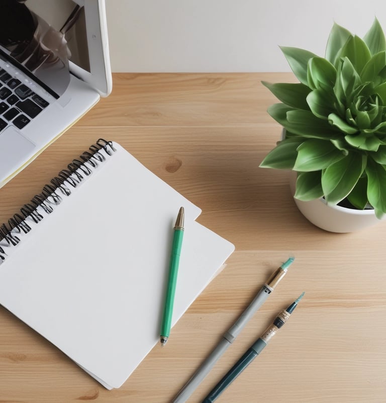 A serene workspace with soft blue and green accents, featuring a laptop and calming plants.