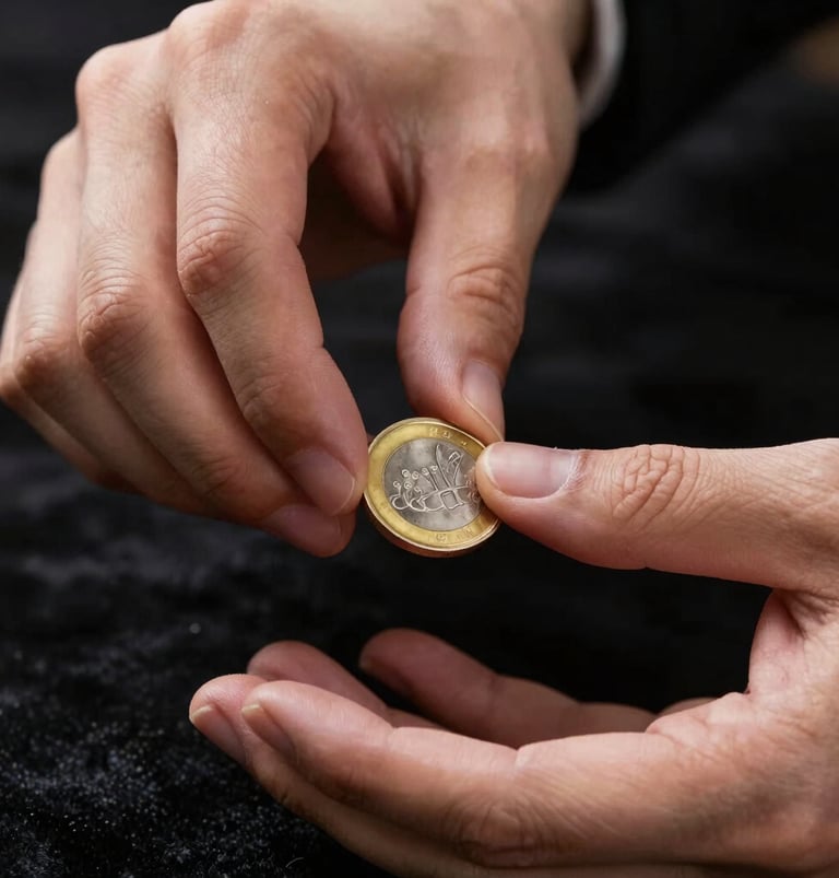 Macro close-up of hands in high-contrast low-key lighting performing a precise sleight-of-hand movement with a golden coin, dark velvet background.