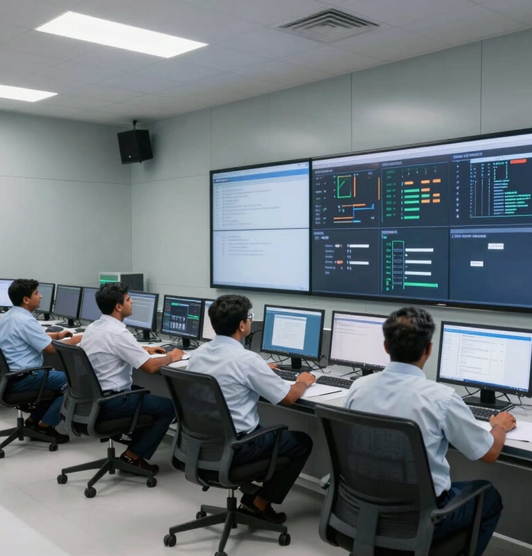 A wide shot of South Asian / Indian engineers monitoring large digital displays in a modern industrial control room at a facility like BHEL. The environment is clean and professional, using a palette of soft cloud grey and dark charcoal. The atmosphere is focused and authoritative.