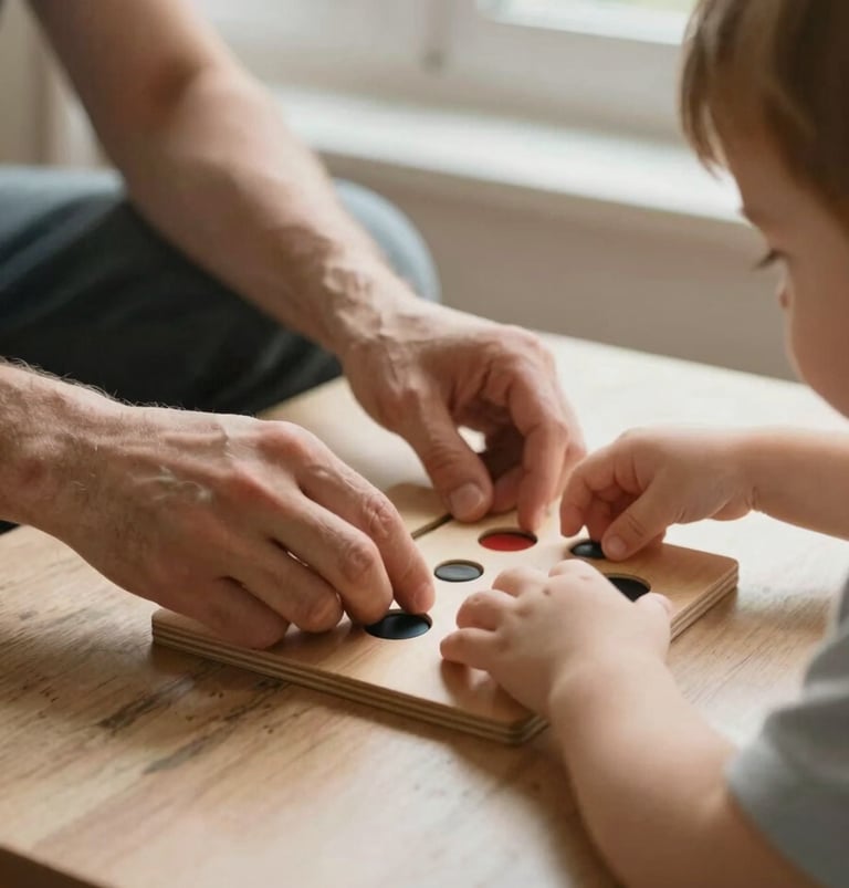 Close-up of a caregiver's hands gently steadying a small child's hands over a simple wooden puzzle on a low table, soft natural daylight from a nearby window, warm skin tones, worn table surface visible, intimate and unhurried