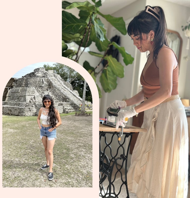 Two photos: one of Ryanne at an ancient ruin in Mexico, and one of Ryanne using a clay roller.