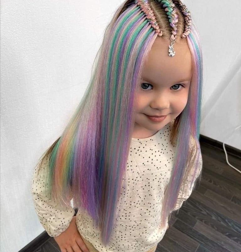 Niña con extensiones de cabello arcoíris y peinado trenzado infantil.