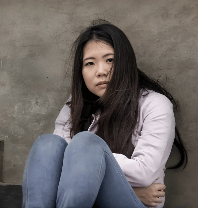 a woman sitting on a step up to a wall