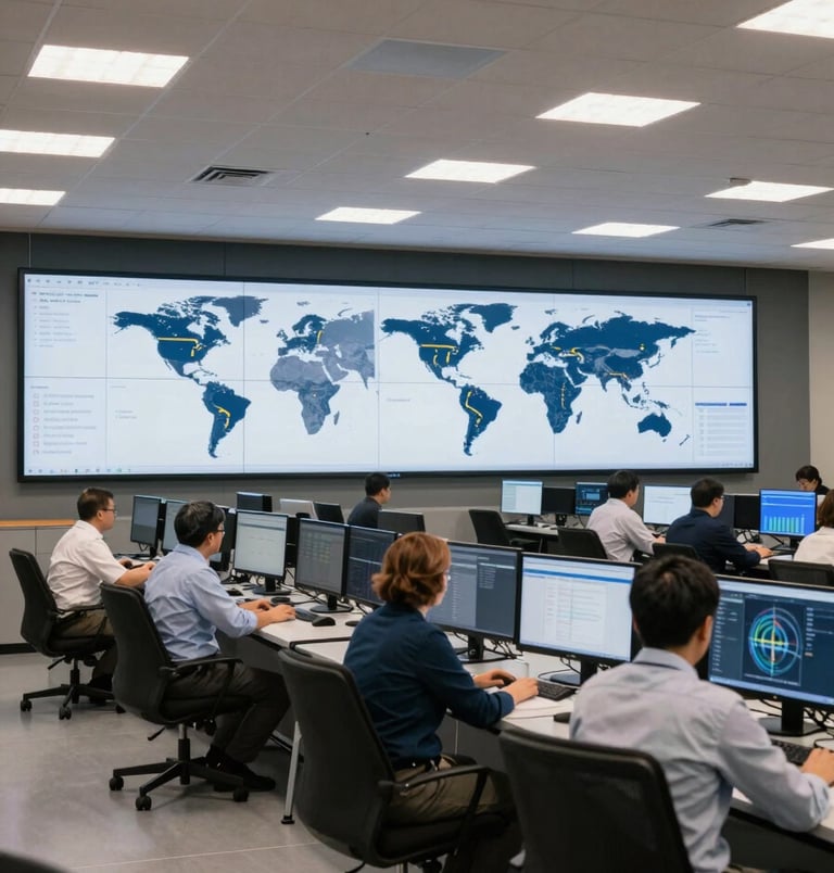 Interior shot of a large, well-lit logistics command center. Professionals in business-casual attire monitor screens showing global transit routes. The lighting is crisp, and the color palette features deep navy and soft off-white tones, emphasizing competence and technology.