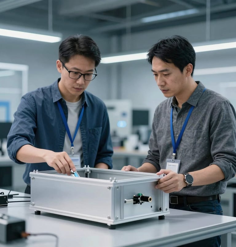 A professional North American / US product manager in a clean, modern tech office environment inspecting a high-quality aluminum hardware enclosure, soft lighting with Industrial Blue accents, professional photography style.