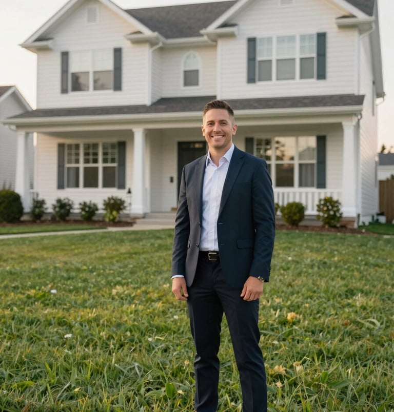 A professional North American real estate expert standing in front of a well-maintained suburban house. They are wearing smart-casual attire and smiling confidently at the camera. The scene is shot in soft morning light, highlighting the off-white exterior of the home and the lush green lawn, reflecting trust and efficiency.