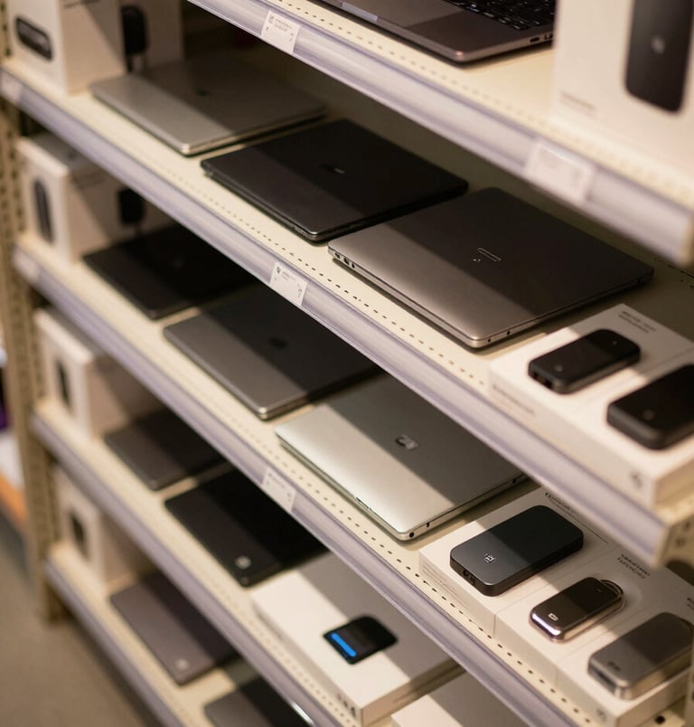 Close-up overhead view of a retail shelf stocked with boxed electronics — laptops, external drives, and accessories in orderly rows under warm task lighting, product labels visible, no people
