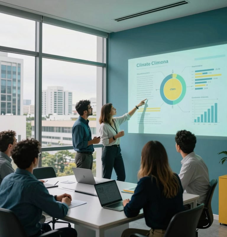 Clean, high-performance office space in Brazil with large windows overlooking modern architecture, South American professional team discussing strategic climate data projected on a wall. Soft natural lighting, deep teal and vibrant yellow accents, highly professional and scientific atmosphere, clean composition.