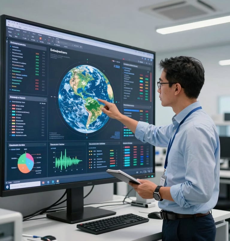 A professional strategic sustainability planner analyzing complex climate data models on a large screen inside a bright, modern South American climate technology innovation lab.