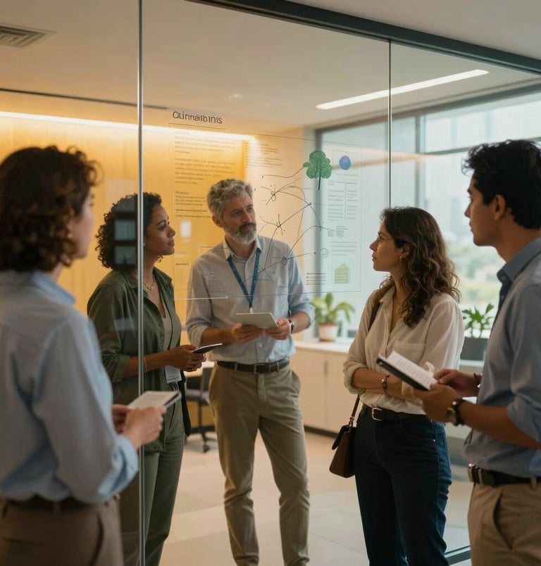 A collaborative climate planning session in an eco-friendly Brazilian corporate headquarters, showcasing professional strategists mapping out actions on a glass wall with subtle warm yellow highlights.