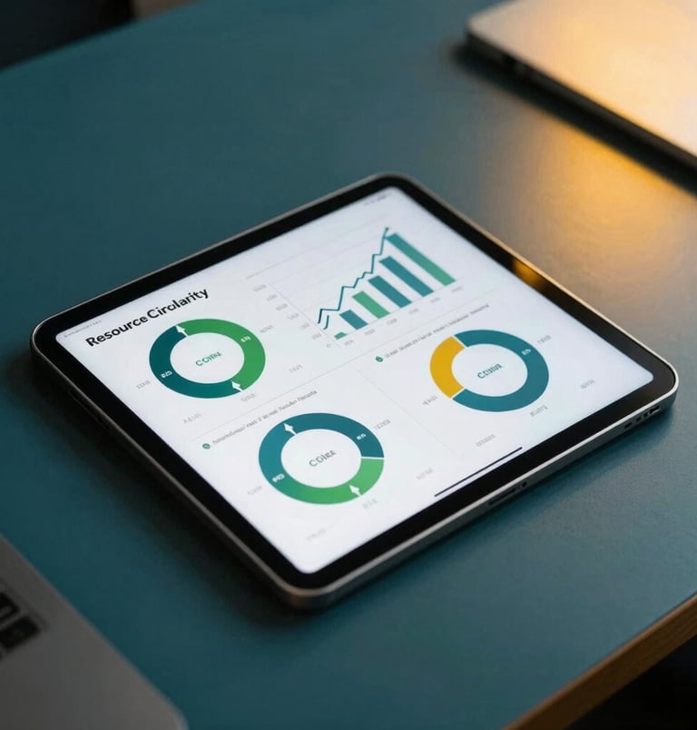 Close-up of a tablet in a Brazilian corporate setting displaying economic charts of resource circularity and carbon offset metrics. Minimalist desk design with dark teal tones and a touch of warm yellow light, modern high-contrast aesthetic.