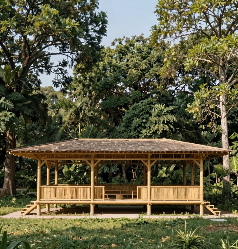 Architectural elevation of a treated bamboo pavilion at Purna River Retreat, surrounded by native trees, bright natural daylight