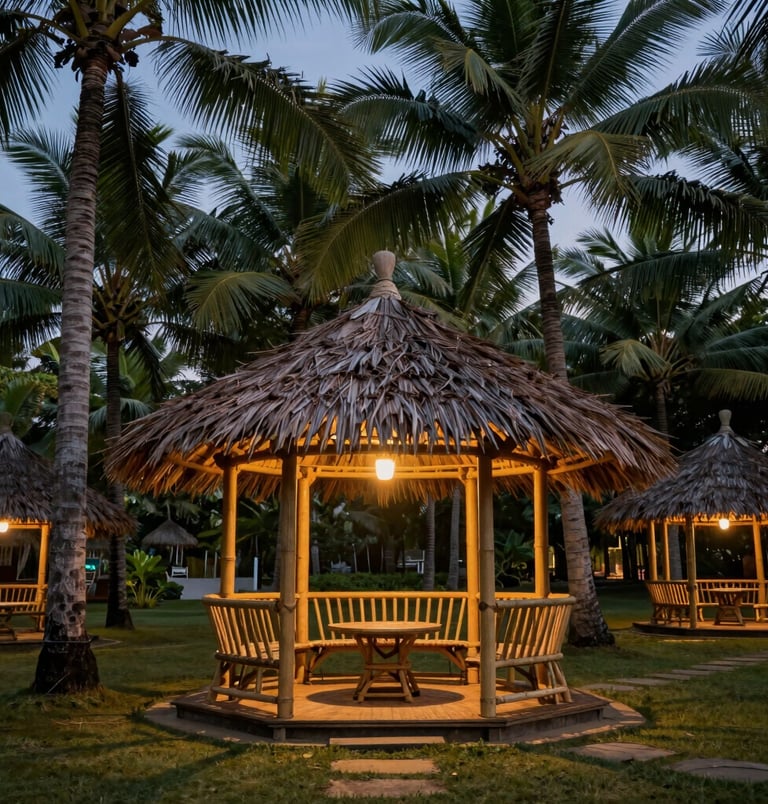 Architectural elevation of a treated bamboo pavilion at Purna River Retreat, surrounded by native trees, bright natural daylight