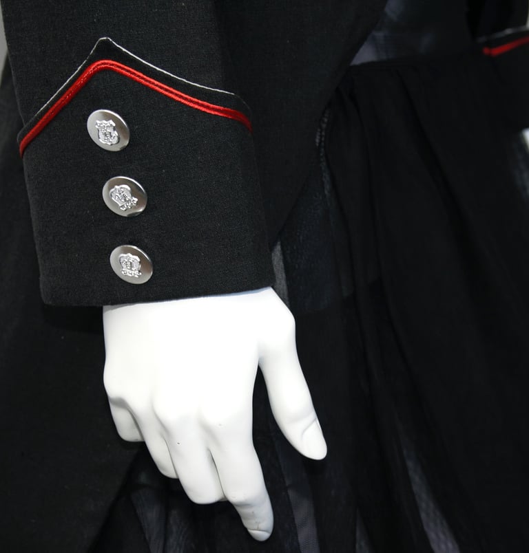 Metal buttons on cuff of Military- inspired tailcoat