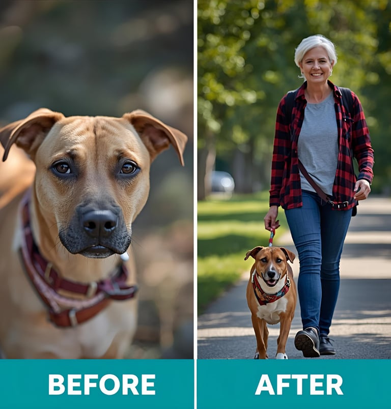 Rescue dog looking happy and relaxed after gentle care from Happy Paws Burlington