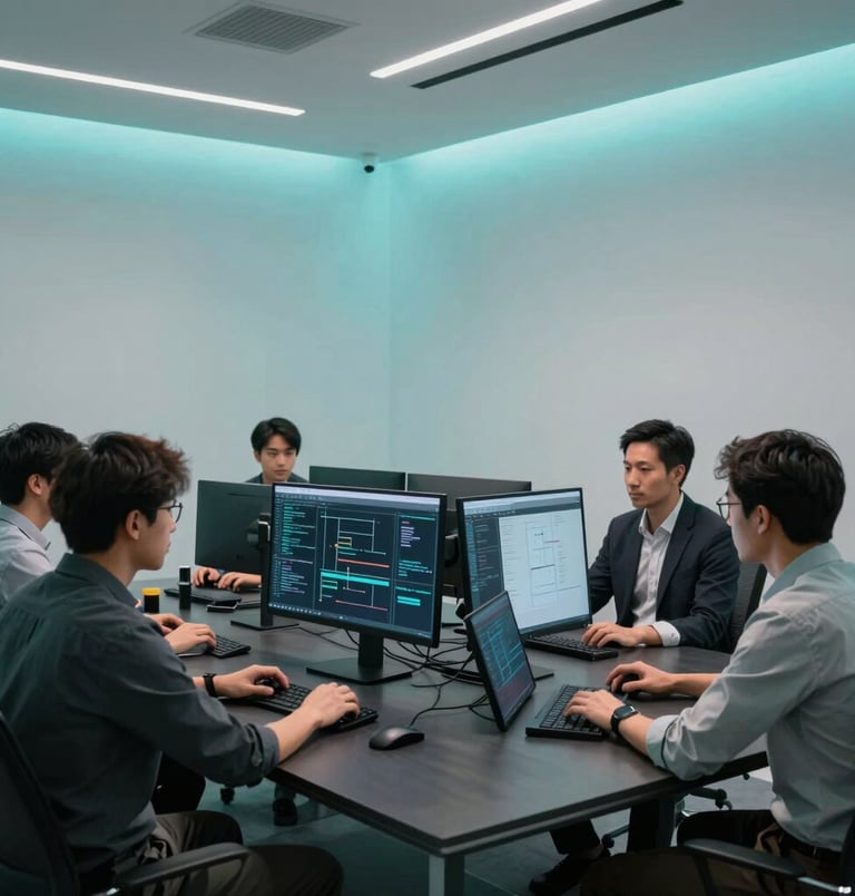 A modern, minimalist tech office with clean architecture and subtle cyan lighting. Global / Tech Professional software engineers working together around a dark slate conference table discussing data architecture on sleek monitors.