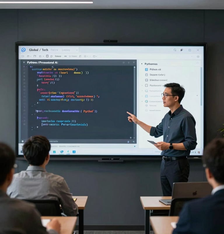 A modern corporate seminar room where a Global / Tech Professional instructor leads an onsite Python and AI workshop, presenting clean code and data visualization slides on an interactive glass board in a sober dark slate setting.