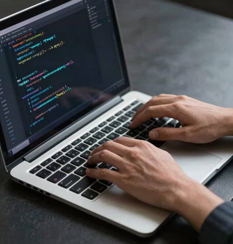 A close-up shot of professional hands typing complex Python scripts on an elegant metallic laptop, dark slate atmosphere with cyan highlights, Global / Tech Professional.